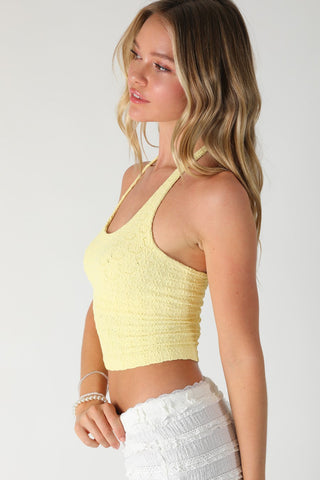 Nikibiki yellow lace cropped halter top side view