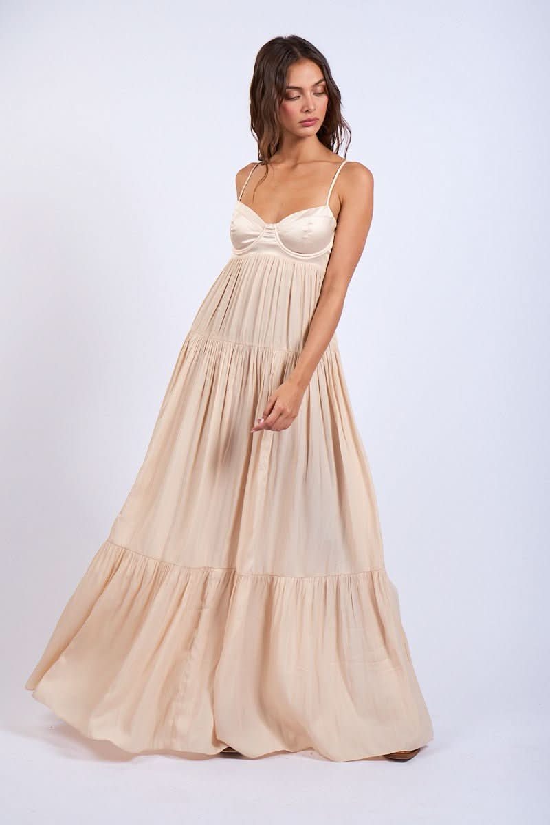 Blaire Nude Satin Tiered Maxi Dress a corset maxi dress