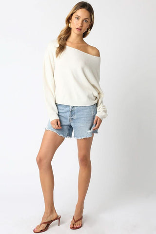 Cecily White Slouchy Pullover Sweater - Off Shoulder Outfit View