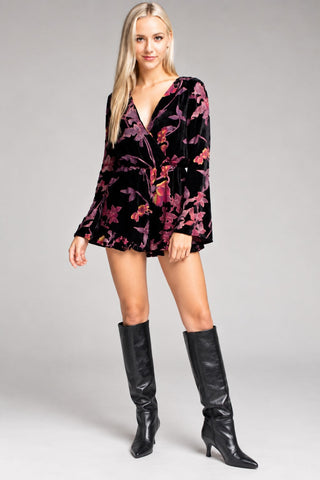 Oh My Black Floral Velvet Bell Sleeve Romper - Outfit View