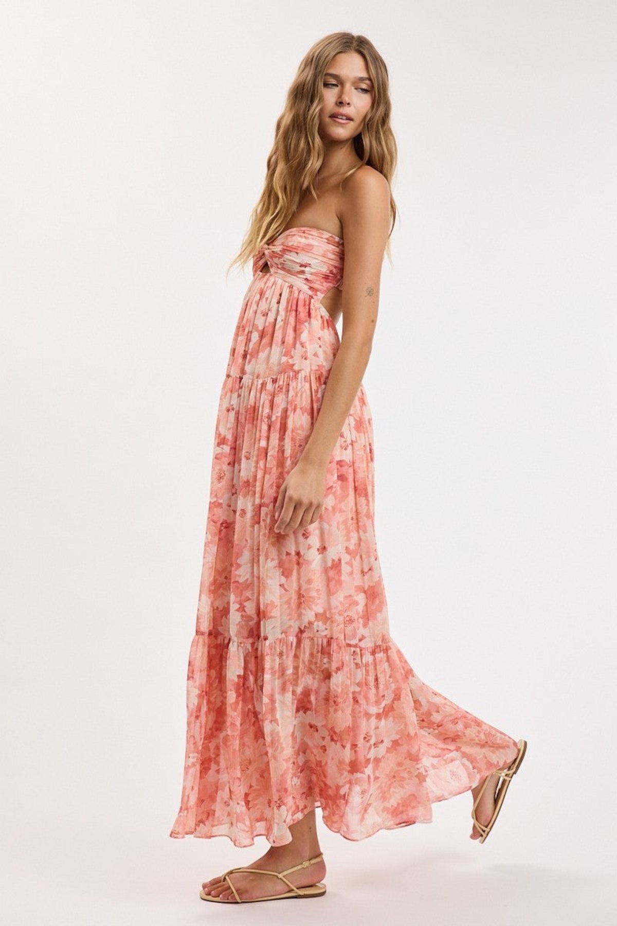 Coral Floral Strapless Flowy Maxi Dress