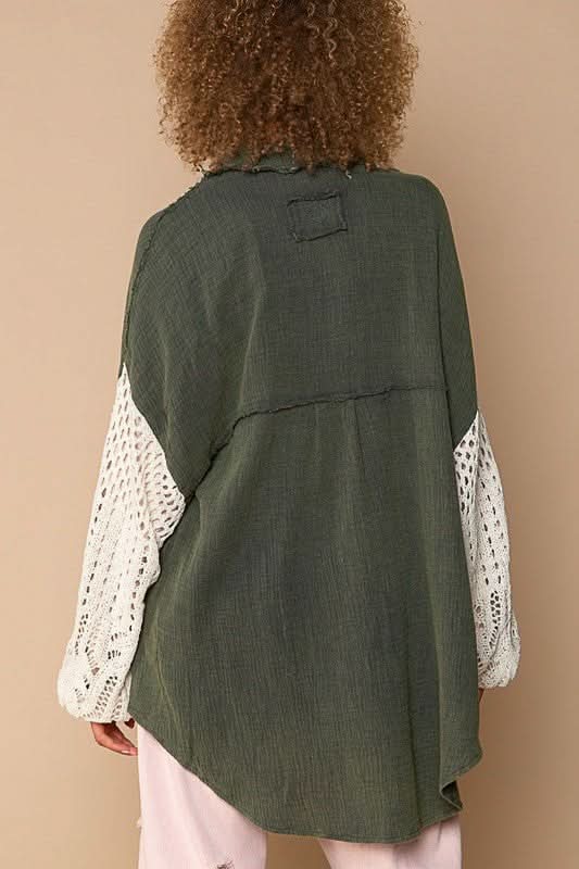 Lesley Olive Green Crochet Sleeve Shacket - Back View