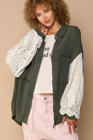 Lesley Olive Green Crochet Sleeve Shacket - Front View
