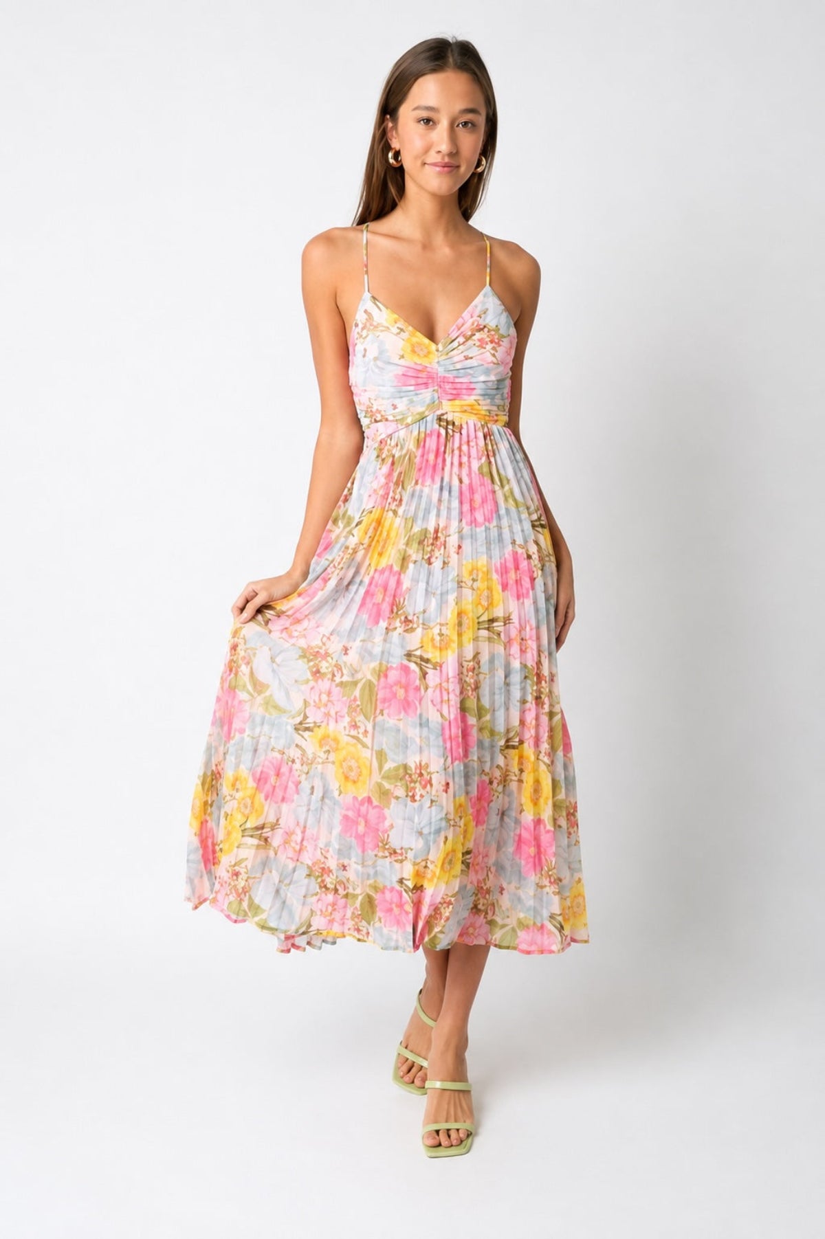 Olivia Pink Floral Midi Dress - Size S - Adjustable Straps, V-Neckline, Pleated Skirt, Cutout Open Back