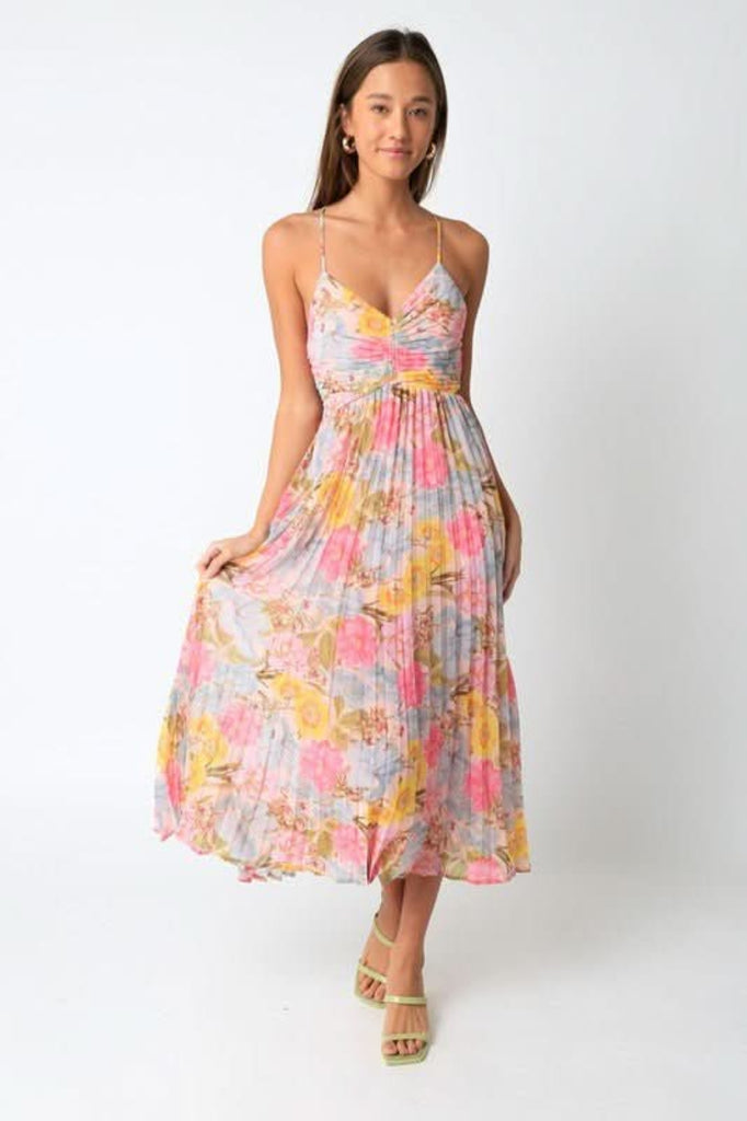 Olivia Pink Floral Midi Dress - Size M - Adjustable Straps, V-Neckline, Pleated Skirt, Cutout Open Back