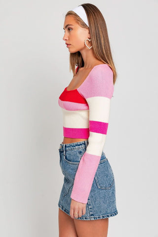 On Prepeat Red Striped Cropped Sweater - side view