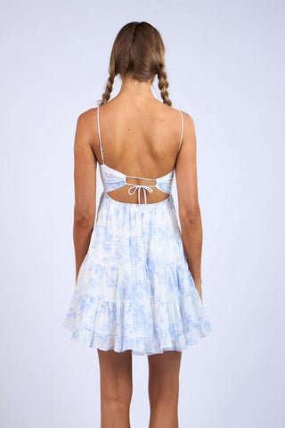 Allie White and Blue Floral Babydoll Mini Dress - Back View