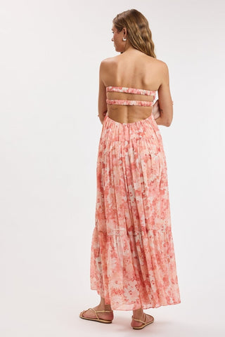 Coral floral strapless maxi dress back view 