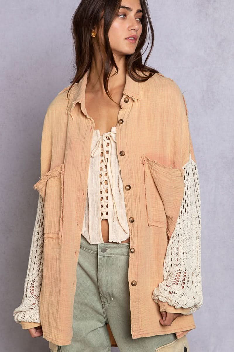 Lesley Dusty Peach Crochet Sleeve Shacket - Front View