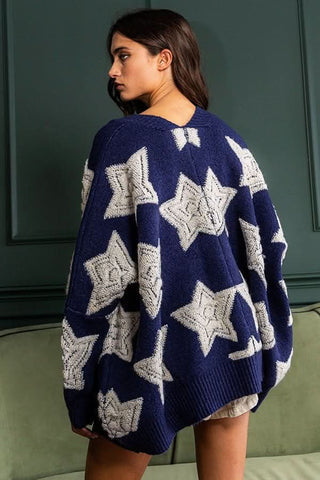 Meet Me At Midnight Navy Oversized Star Cardigan - Back View
