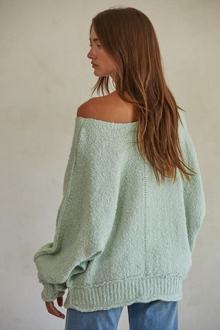 Elara Mint Knit Pullover Sweater - Model Wearing Slouchy Boat Neck Sweater