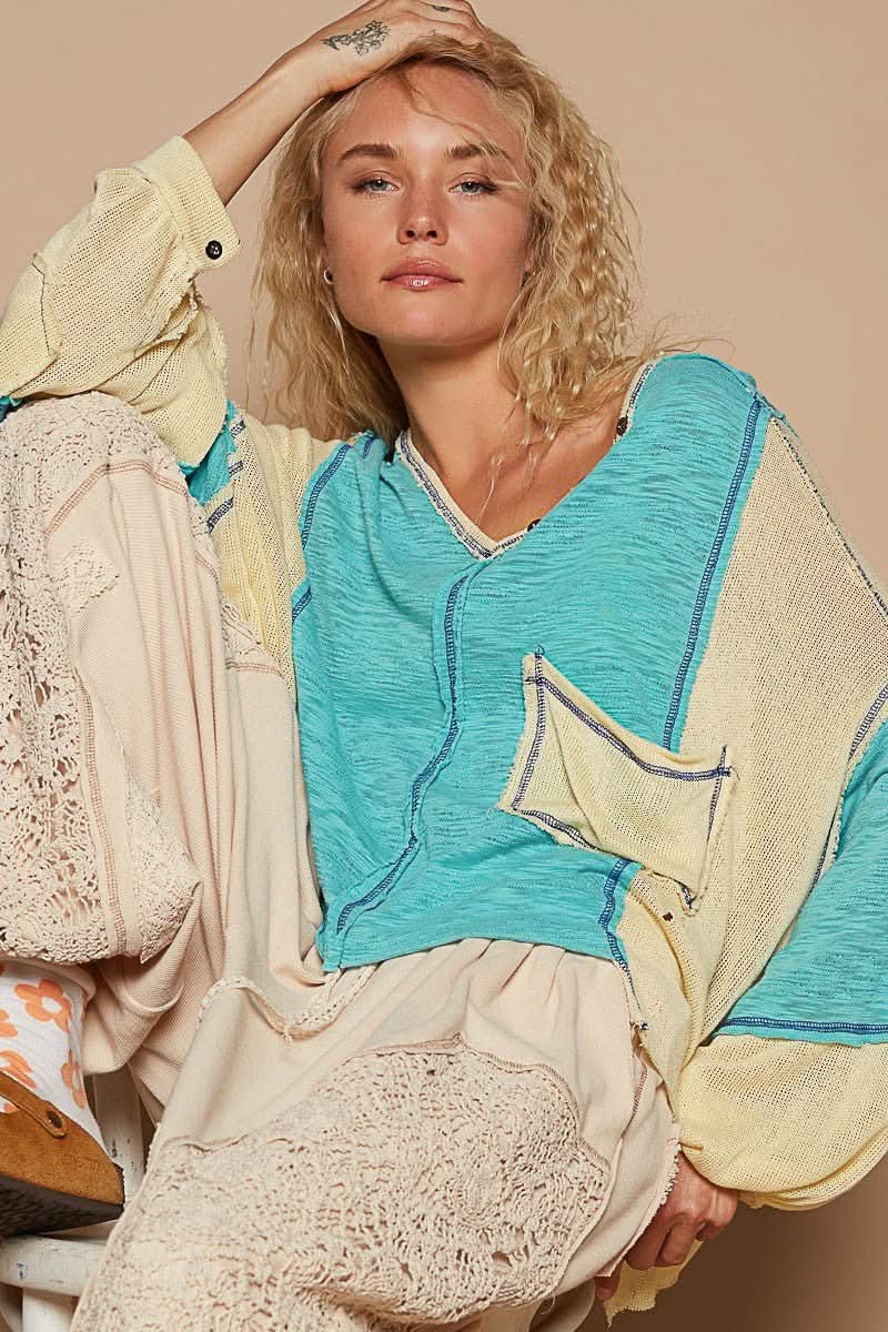 Kelsey Aqua and Yellow Oversized Slouchy Top