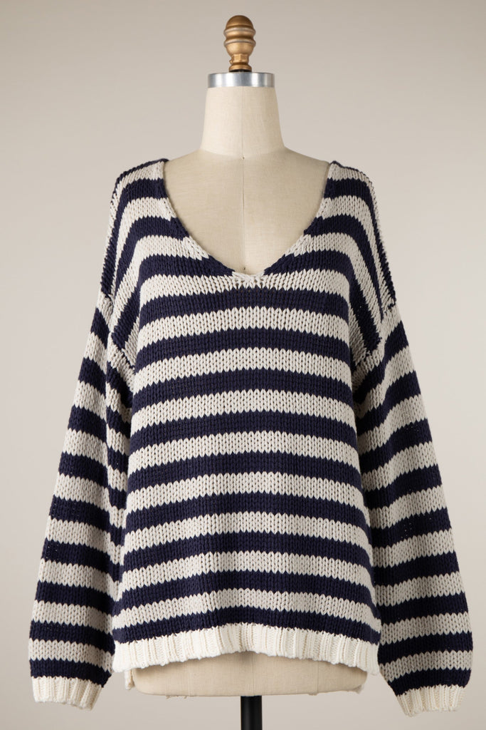 Oversized V-Neck Striped Sweater