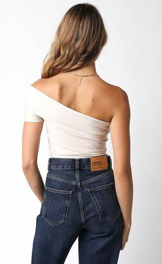Paris Cream Off Shoulder Asymmetric Bodysuit -women's going out bodysuits