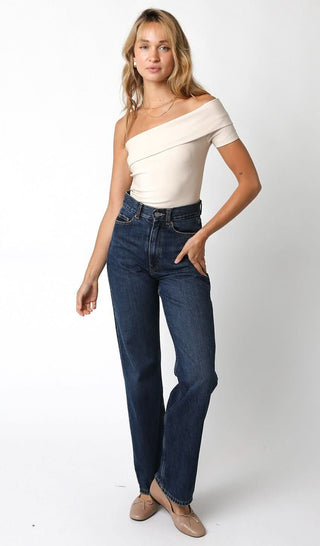 Paris Cream Off Shoulder Asymmetric Bodysuit - One Shoulder Bodysuit