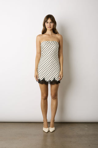 Paris white polka dot satin strapless mini dress with lace trim hem