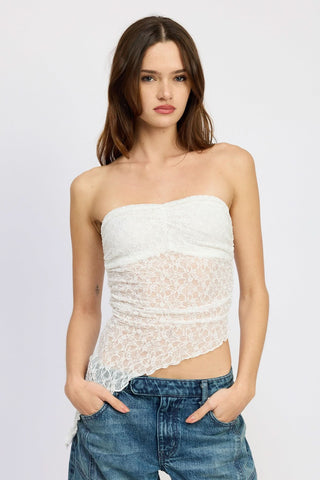 Paros White Sheer Lace Tube Top - Front View