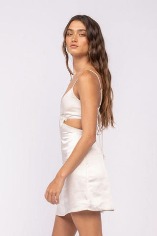 Cream Satin Bodycon Mini Dress with Side Waist Cutouts | Boho Pink
