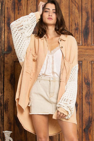 Lesley Dusty Peach Crochet Sleeve Shirt Shacket - Detailed Front View