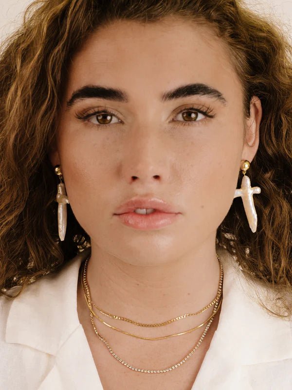 Gold Pearl Cross Earrings