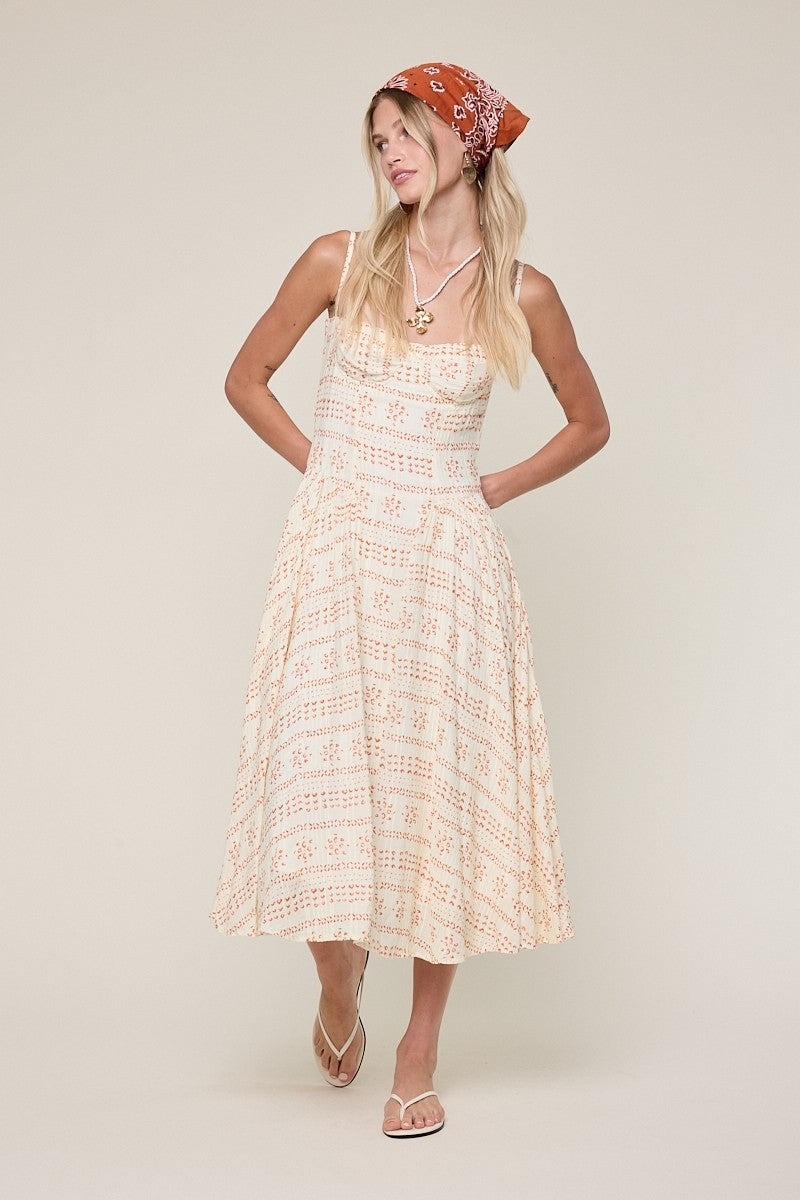 Phia Orange Boho Print Corset Midi Dress - Size S - Sky To Moon - Sweetheart Neckline & Fit-and-Flare Silhouette Phia Orange Boho Print Corset Midi Dress - Size S - Sky To Moon - Sweetheart Neckline & Fit-and-Flare Silhouette