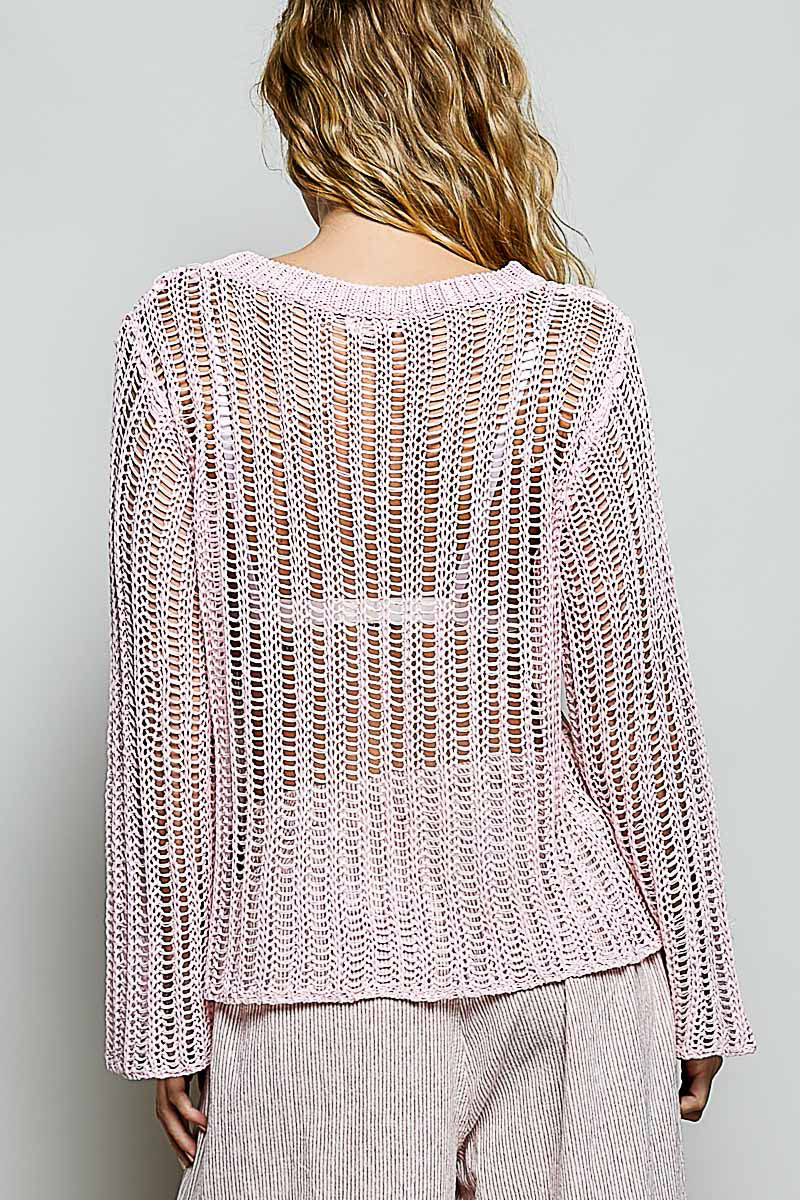 Back view of the Sola pink sheer sweater showing the drop shoulder