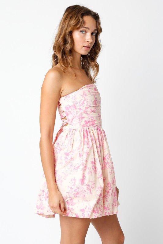 Pink Floral Strapless Bubble Dress