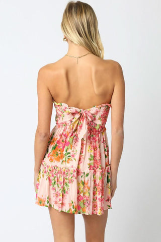 Strapless floral mini dress back with tie detail