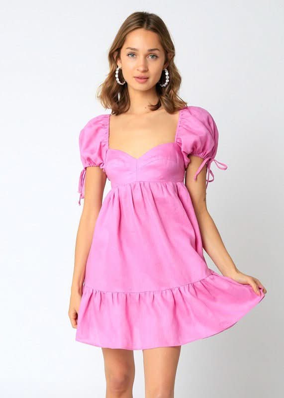 Pink Linen Babydoll Puff Sleeves Mini Dress | Boho Pink Pink Linen Babydoll Puff Sleeves Mini Dress | Boho Pink