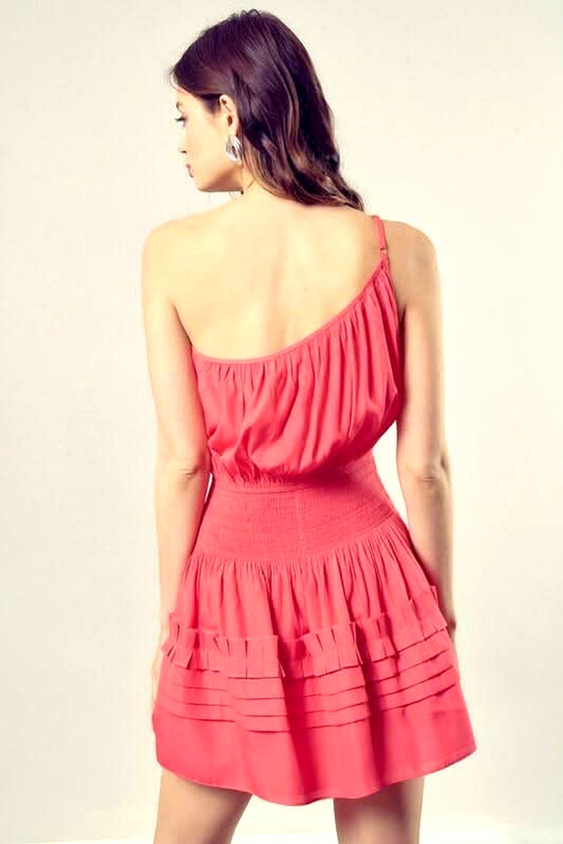 Pink one shoulder mini dress back view