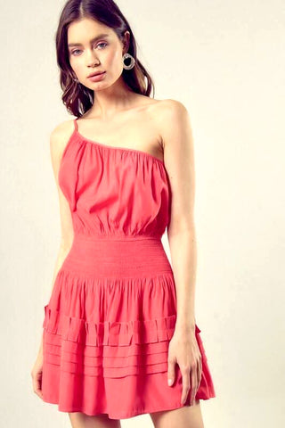 Pink one shoulder mini dress with smocked waist front view
