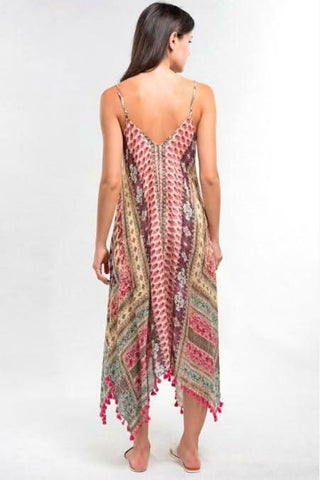 pink paisley print maxi dress with spaghetti straps and draped back view