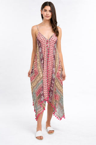 pink paisley print maxi dress with spaghetti straps and asymmetrical scarf hem front view