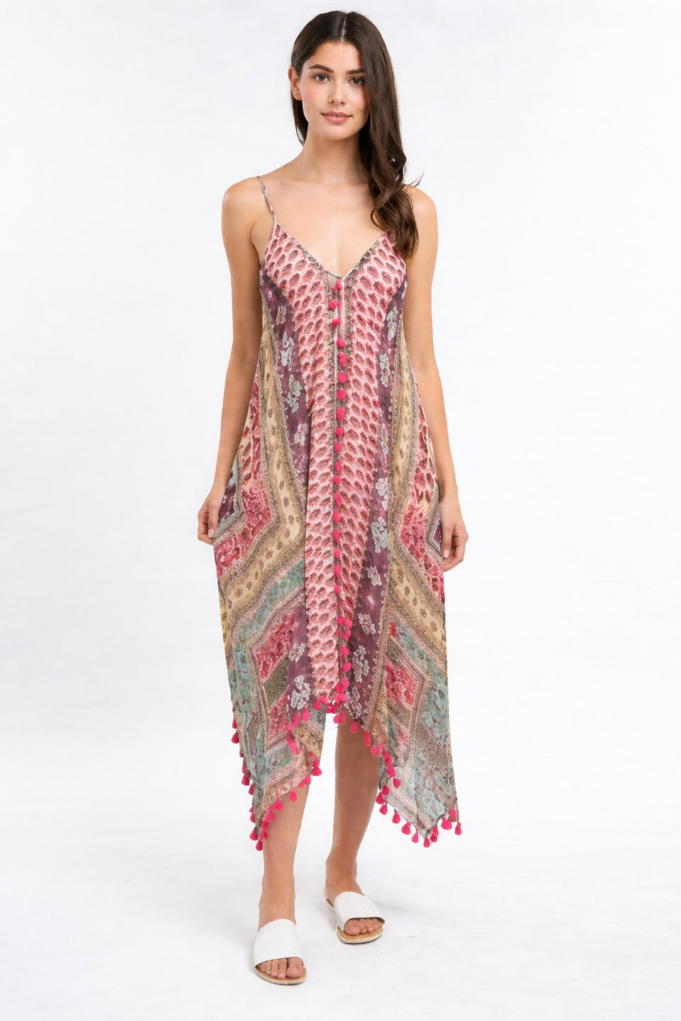 pink paisley print maxi dress with spaghetti straps and asymmetrical scarf hem front view