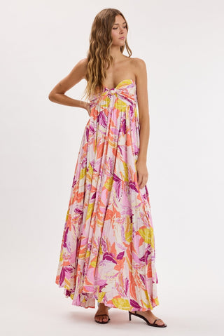 Willow pink tropical pleated maxi dress on model