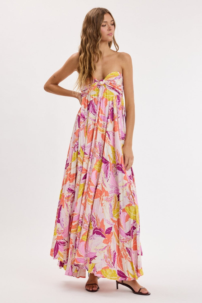 Willow pink tropical pleated maxi dress on model