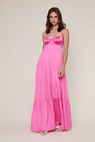 Pink satin corset prom dress with tiered maxi silhouette