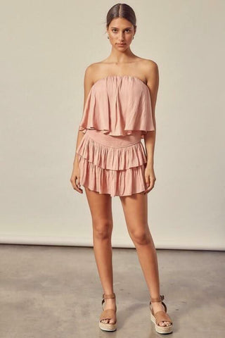 Rose strapless romper summer vacation outfit with sandals