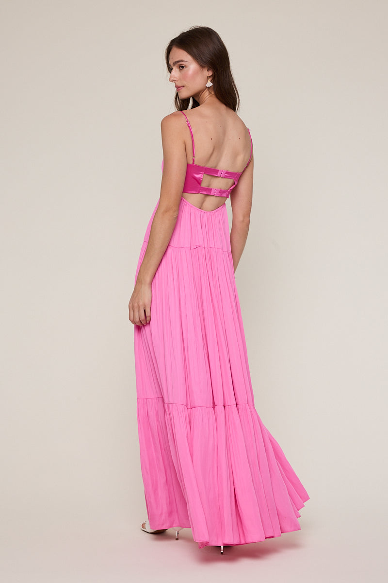Blaire Pink Satin Tiered Maxi Dress a back view of a satin maxi gown.