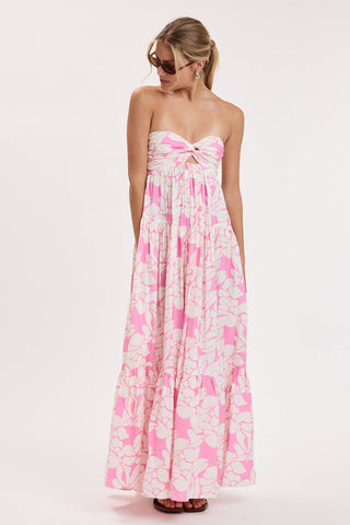 Pink Floral Strapless Maxi Dress with Tiered Skirt and Empire Waist - Full Length | Boho Pink