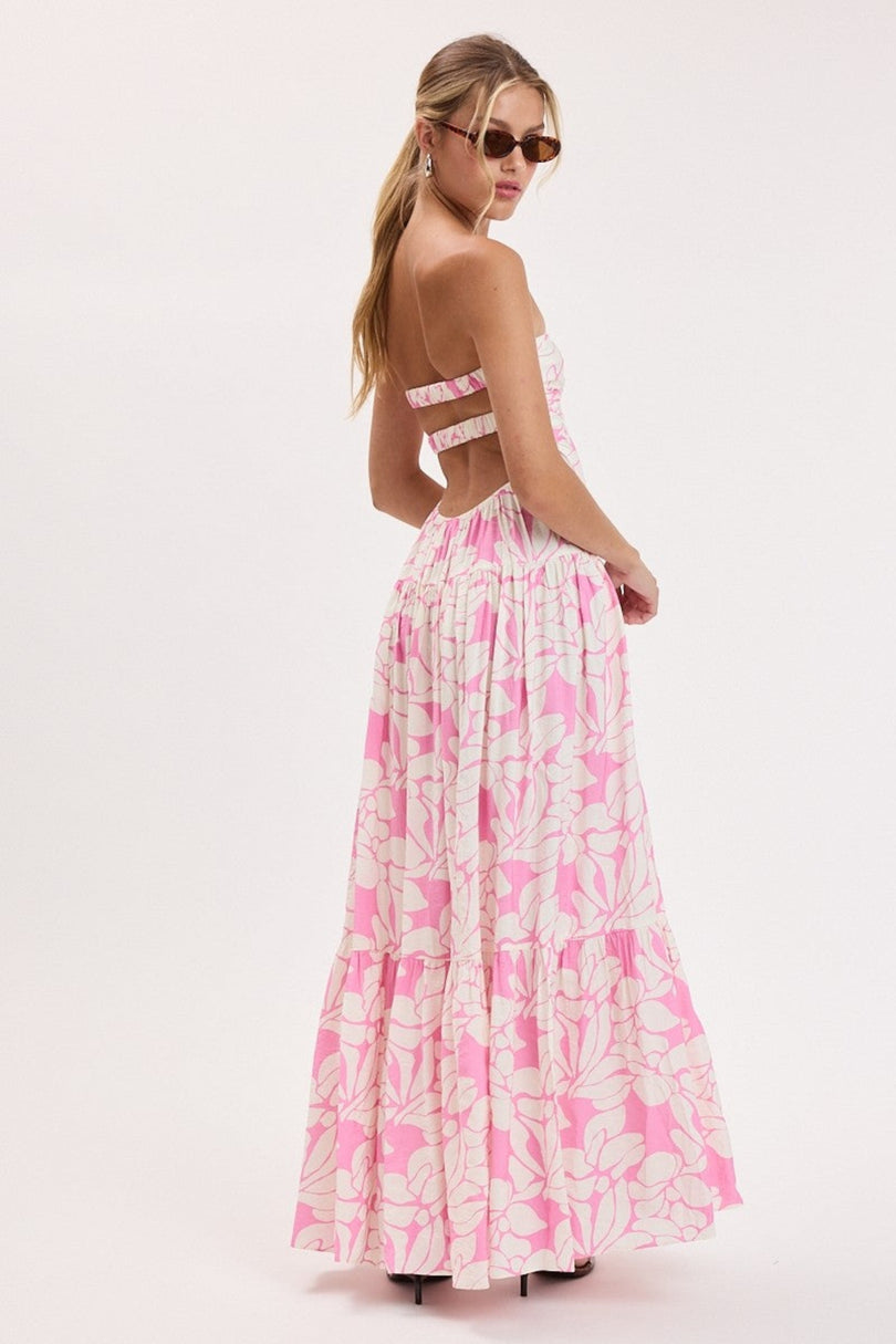 pink tropical floral strapless maxi dress back view