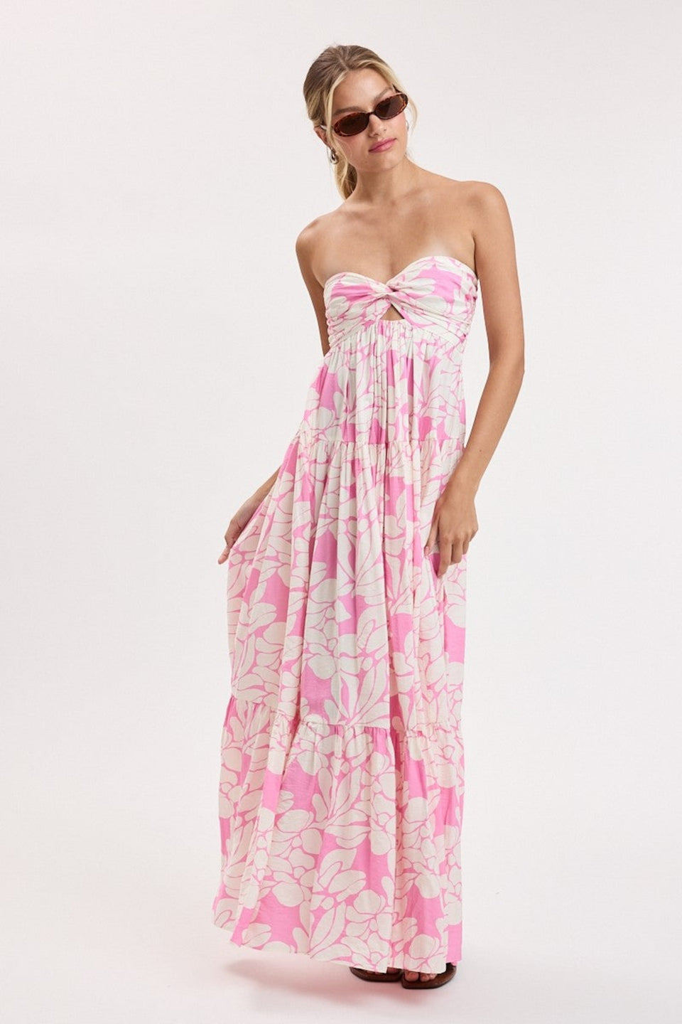 pink tropical floral strapless maxi dress front view
