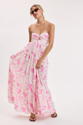 Twist-Bust Sweetheart Neckline Detail on Pink Floral Strapless Maxi Dress | Boho Pink