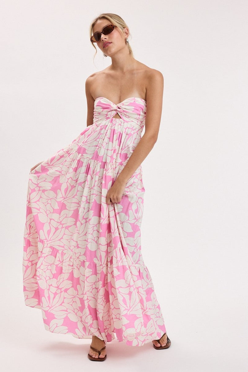 pink tropical floral strapless maxi dress outfitt view