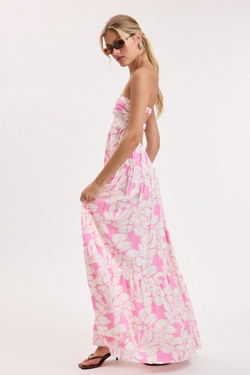 pink tropical floral strapless maxi dress side view
