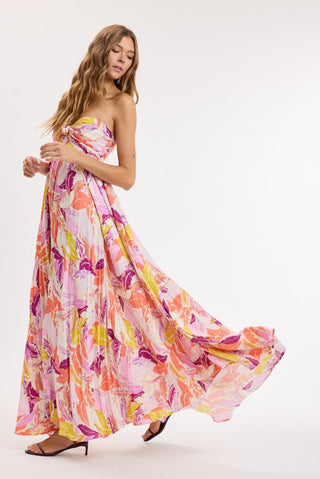 Willow pink palm leaf strapless maxi dress side view
