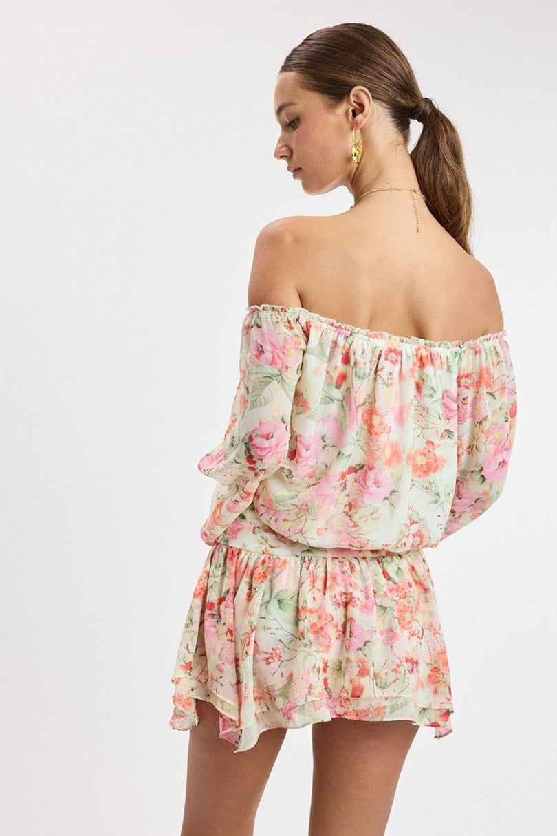 Back view of the Pixie Pink Watercolor Floral Romper Dress 