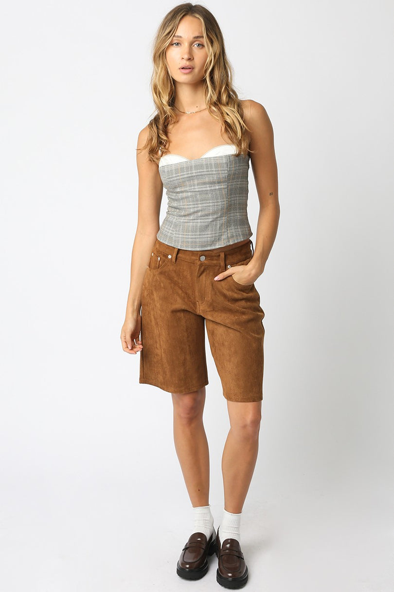 Plaid Corset Tank Top With Satin Bust Detail