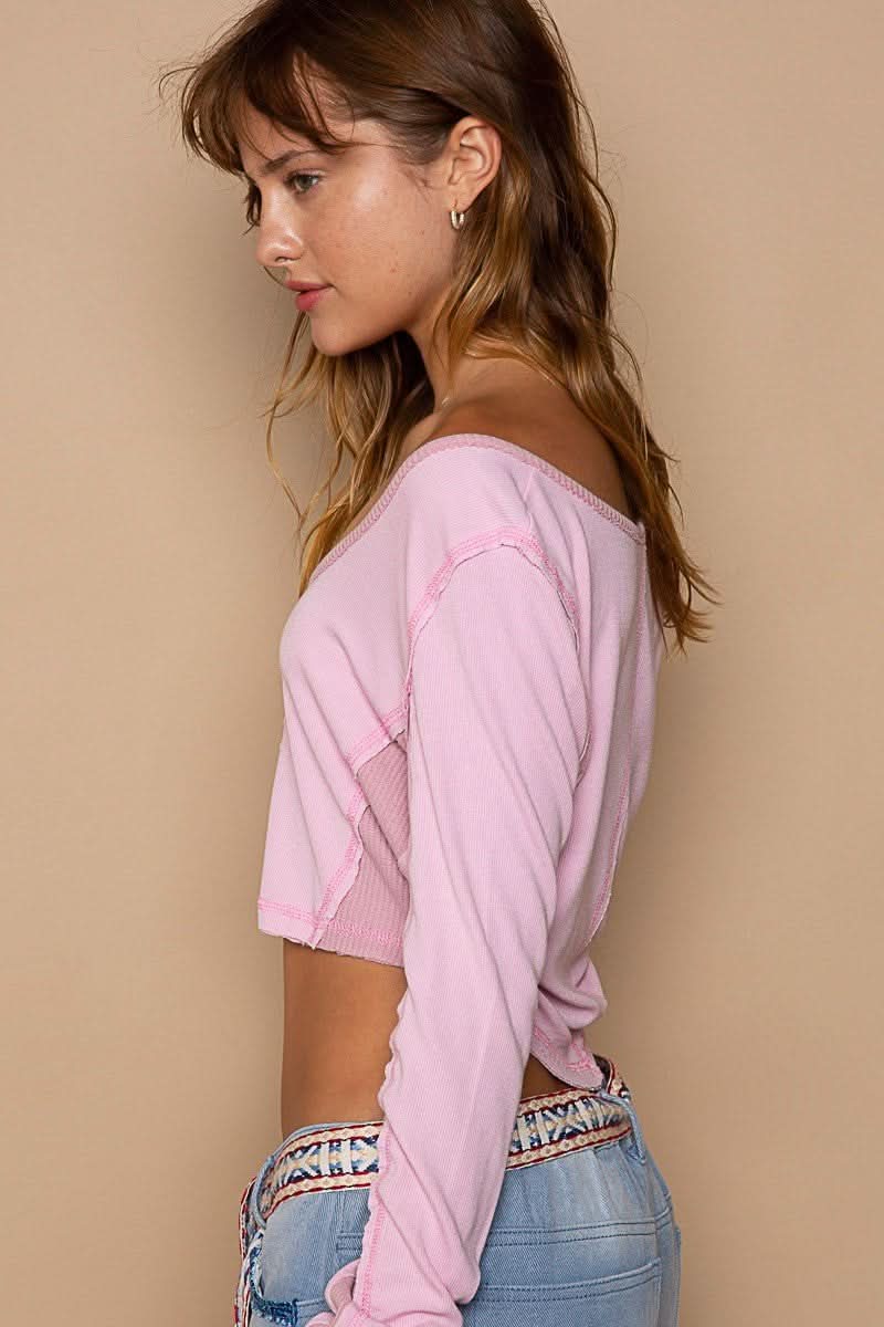 Real Love Pink Long Sleeve Crop Top - Side View