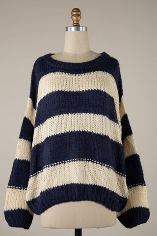 Navy and cream striped sweater, oversized chunky knit for women